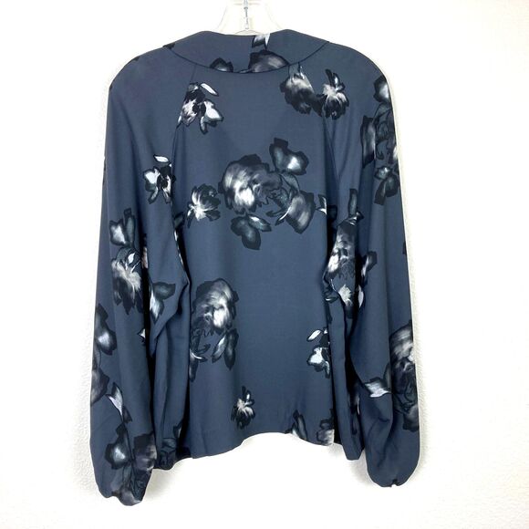 ALFANI Women's V-Neck Semi Sheer Blouse Size S Gray Floral Balloon Sleeve Office - Picture 7 of 7